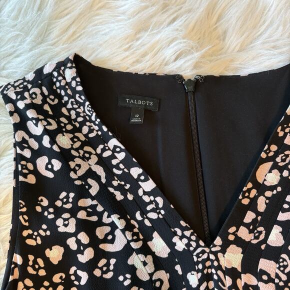 Talbots Women's V Neck Black Pink Leopard Print Sleeveless A- Line Dress Size 12 - Picture 3 of 9
